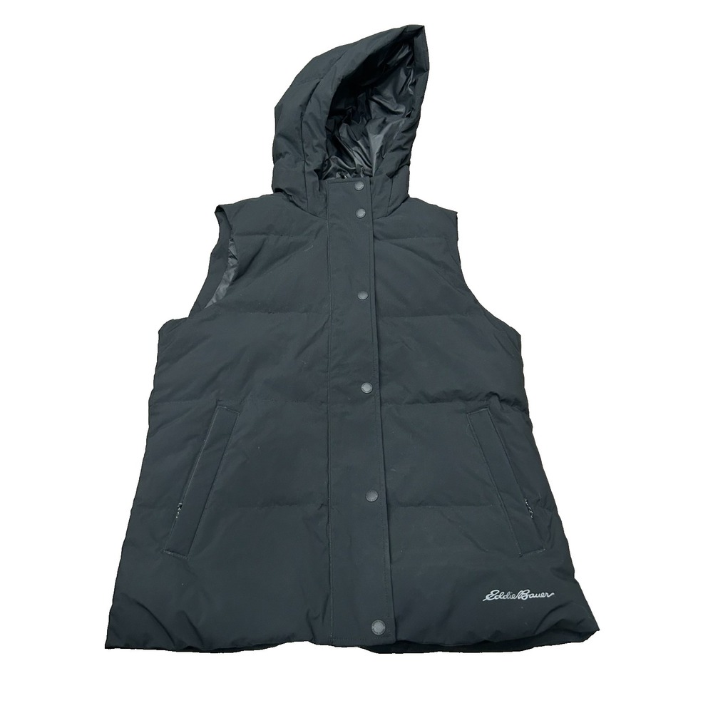 Eddie Bauer Hooded Down Puffer Vest Womens Small Black Snap Front Outdoor Winter